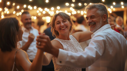 Happy mature couple dancing together at party with friends