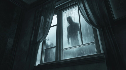 Scary silhouette lurking outside window during storm