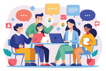 A group of five individuals engage in a lively discussion around a table, sharing ideas and insights, Customizable group discussion with disproportionate illustration.