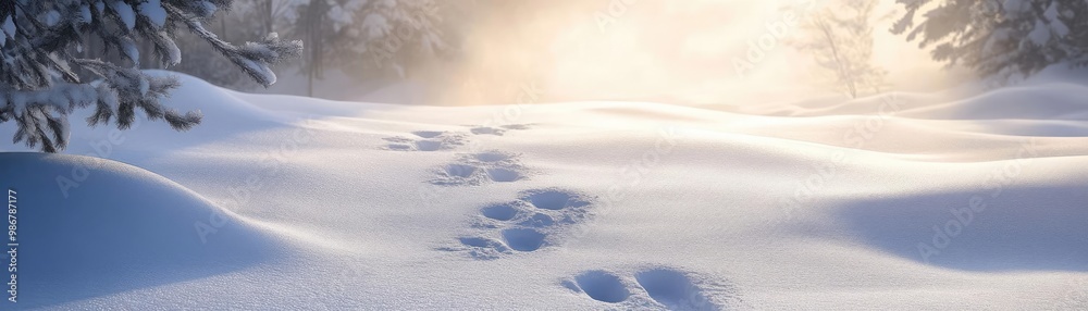 Poster A tranquil winter scene featuring soft snow and gentle footprints leading through a peaceful landscape illuminated by soft light.
