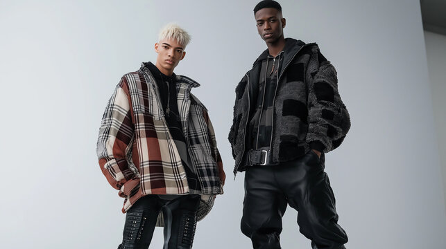Two male models posing in streetwear fashion for a photoshoot