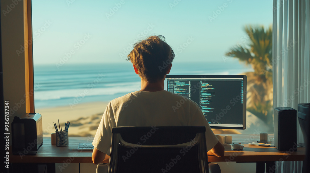 Leinwandbilder young programmer working from home office with ocean view