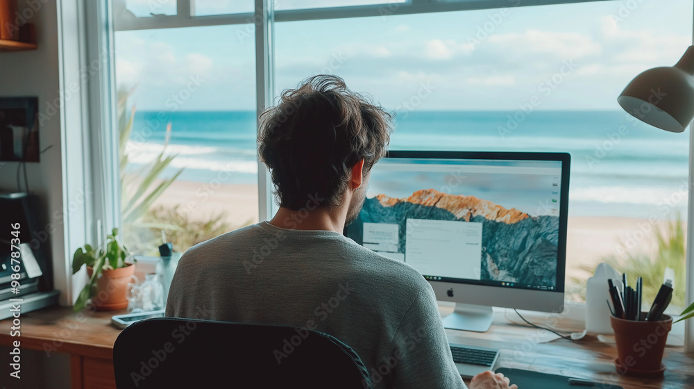 Poster freelancer working from home office enjoying ocean view from big window at sunny day