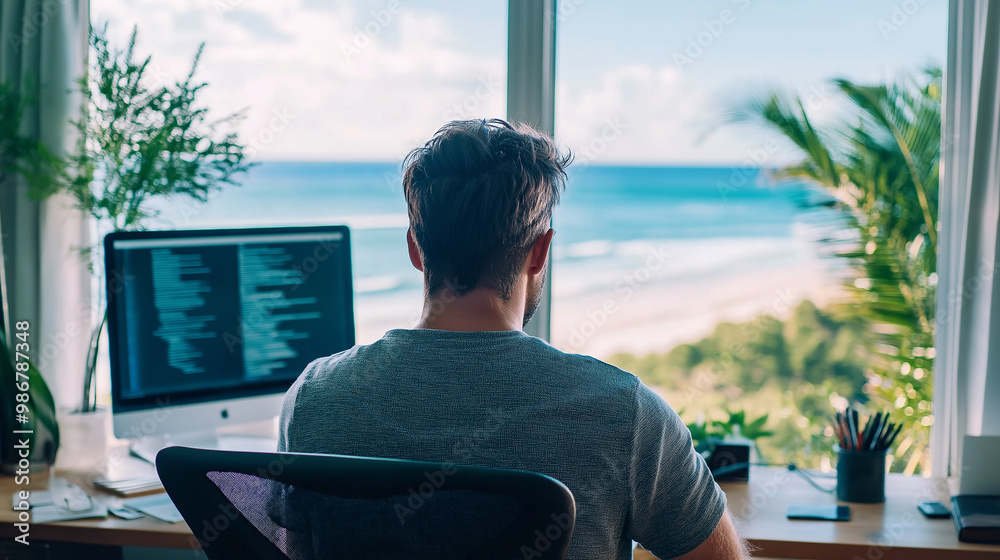 Poster Programmer working from home enjoying ocean view from window