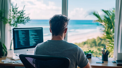 Programmer working from home enjoying ocean view from window