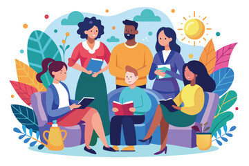 Obraz premium Participants engage in a group therapy session surrounded by vibrant plants and sunlight, Customizable group therapy illustration is disproportionate.