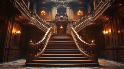 Obraz premium Grand staircase in a luxurious mansion with intricate wooden details.