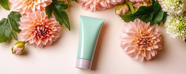 A pastel green tube of skincare product is centered among soft pink flowers, creating a fresh and inviting aesthetic.