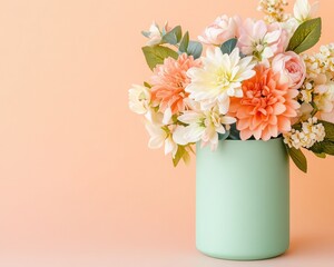 Fototapeta premium A pastel vase filled with a colorful bouquet of flowers against a soft orange background, creating a serene and cheerful atmosphere.