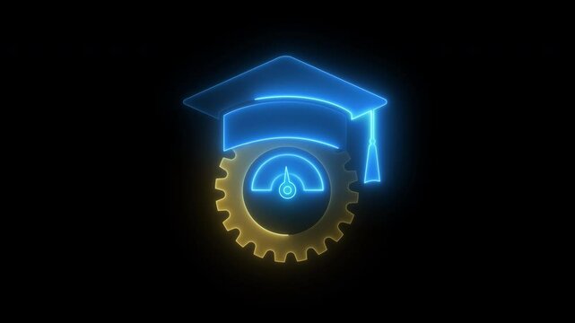 Apprentice concept, a person who is undergoing apprenticeship training in pursuance of a contract of apprenticeship. Glowing neon line of gear with graduation hat icon on transparent background.