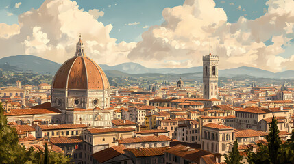 Naklejka premium A cityscape of florence during the renaissance, with the iconic dome of the duomo in the background,. Renaissance Italy. Illustration