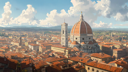 Fototapeta premium A cityscape of florence during the renaissance, with the iconic dome of the duomo in the background,. Renaissance Italy. Illustration