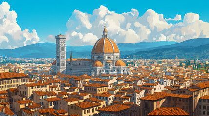 Obraz premium A cityscape of florence during the renaissance, with the iconic dome of the duomo in the background,. Renaissance Italy. Illustration