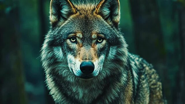 A majestic wolf stands alert in a serene forest environment at dusk, showcasing its captivating gaze and natural beauty