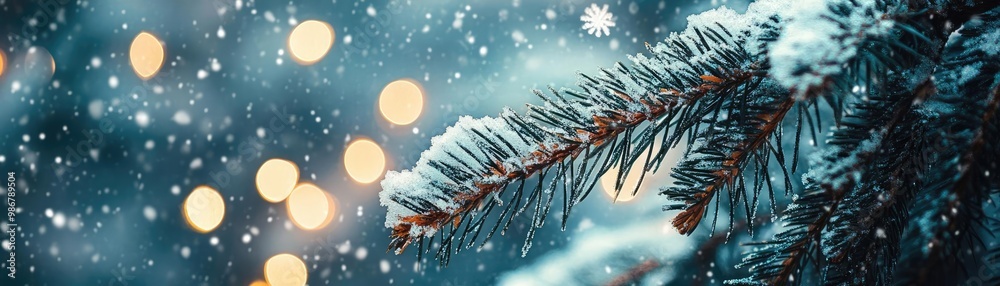 Aufkleber a serene winter scene featuring a snow-covered pine branch with soft bokeh lights in the background,