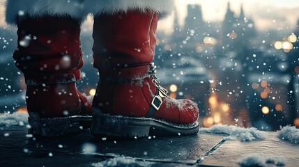Vibrant red boots stand in the snow, evoking warm holiday spirit and festive cheer against a city backdrop.
