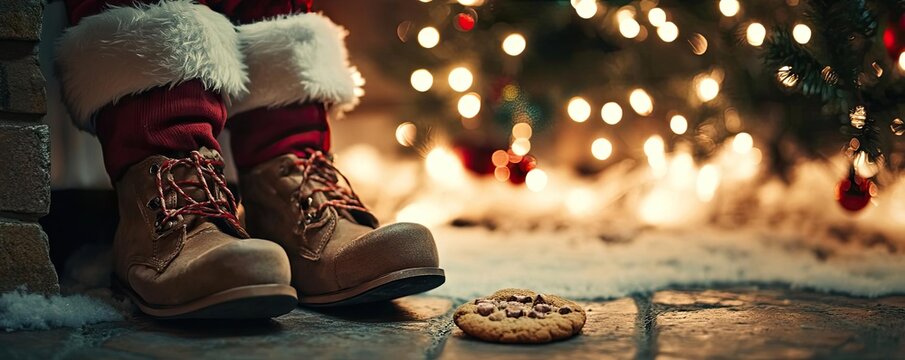 Cozy holiday scene with festive boots next to a delicious cookie by a decorated Christmas tree, evoking warmth and cheer.