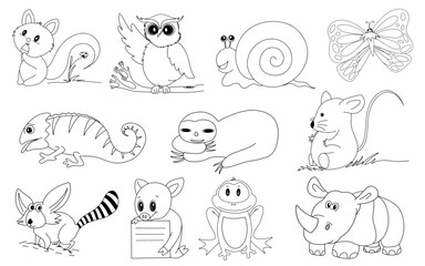Hand drawn line art cartoon doodle animal wildlife collection of rhinoceros, owl, monkey, butterfly, raccoon, rat, squirrel, snail, sloth