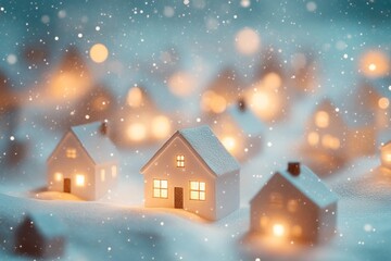 Fototapeta premium Miniature houses with warm lights in a snowy winter landscape.