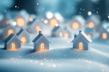 Fototapeta premium Miniature houses with warm glowing lights in snow with a bokeh background of lights and snowflakes.