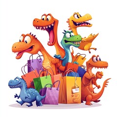 Naklejka premium Dinosaurs in a frenzy of Black Friday shopping, cartoon style, vibrant and energetic, isolated on white background