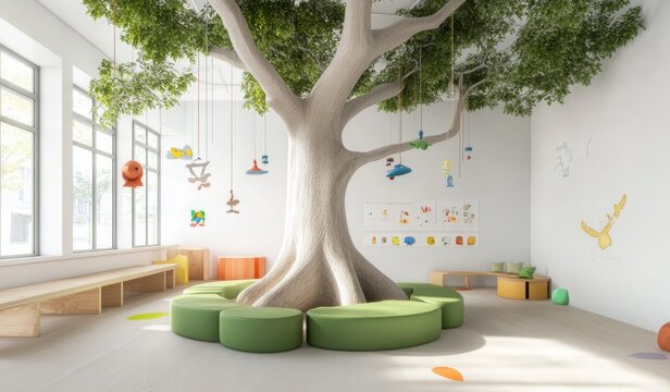 A playful tree centerpiece in the middle of an early childhood education center, designed with 3D modeling software and SketchUp, presented in a 2D perspective. The space features minimalistic design