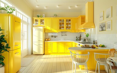 yellow modern kitchen in a house with a beautiful design