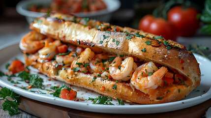 Shrimp Clam Sandwich in a white plate, in a luxurious shop.
