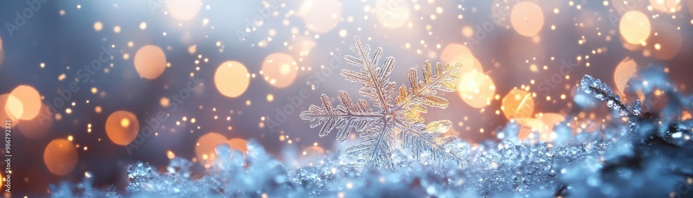 Poster a serene winter scene with sparkling snowflakes and glowing bokeh lights, capturing the magic of a s