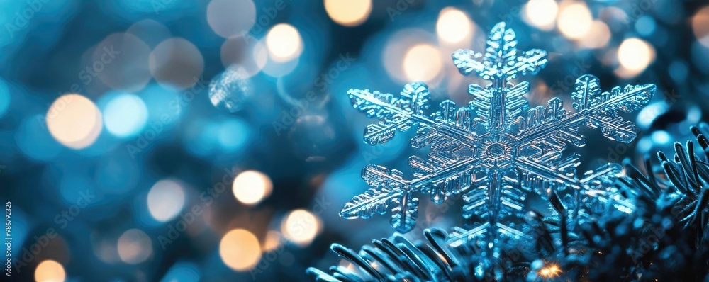 Poster A close-up of a delicate snowflake resting on shimmering blue branches, surrounded by luminous bokeh lights, creating a festive atmosphere.