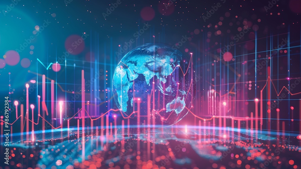 Poster digital representation of the world with charts and graphs showcasing global data network and financ