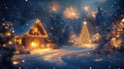 Fototapeta premium A cozy winter scene featuring a charming cottage, decorated tree, and festive fireworks in a snowy landscape.