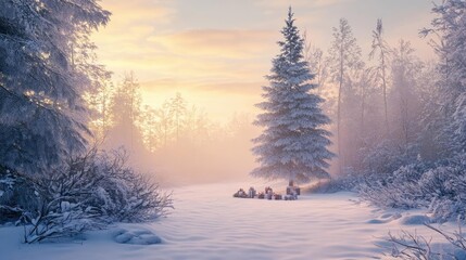 A serene winter landscape featuring snow-covered pine trees and soft morning light, creating a peaceful atmosphere in nature.