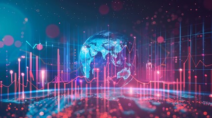 Digital representation of the world with charts and graphs showcasing global data network and financial growth.