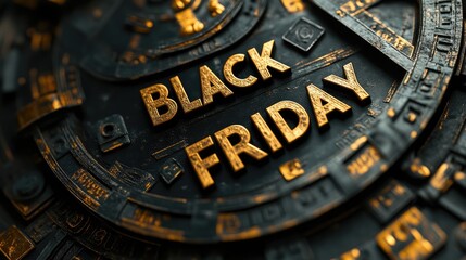Black Friday Sale Event: Gold Text on Dark Industrial Background for Retail Promotions