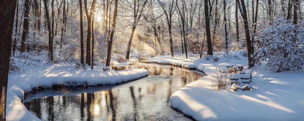 Poster A serene winter landscape featuring a snow-covered stream surrounded by trees and soft sunlight filtering through.