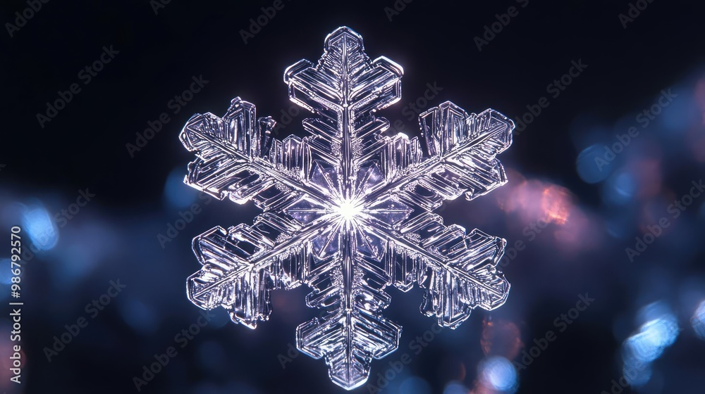 Poster a stunning, close-up image of a crystal snowflake, showcasing intricate details and a sparkling glow