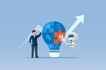 AI artificial intelligence in business collaboration and solution. Businessman set up AI in jigsaw lightbulb to increase capacity and creative ideas for business success. Vector. 
