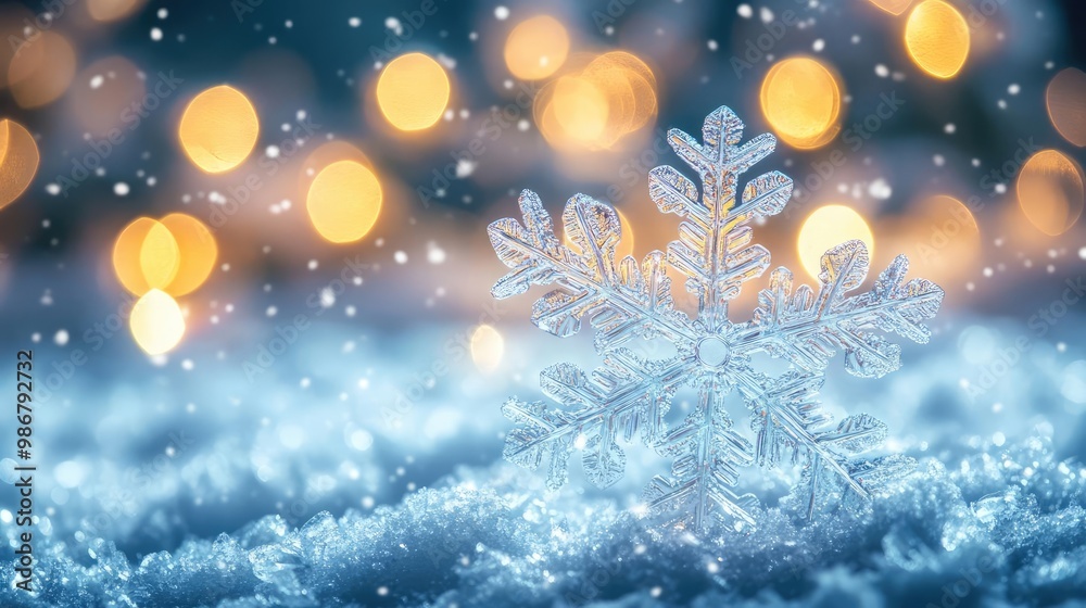 Poster Frosty snowflake resting in soft, shimmering snow with a backdrop of warm, glowing bokeh lights, creating a magical winter atmosphere.