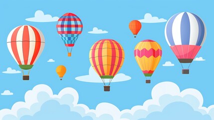Naklejka premium Cheerful illustration of hot air balloons in various colors floating amidst fluffy white clouds in a bright blue sky.