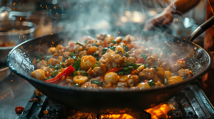 Stir-fried shrimp with cashew nuts in a white plate, in a luxurious shop.