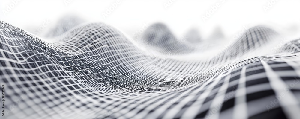 Poster An abstract view of a wave-like mesh structure, showcasing lines and contours in a soft, minimalist style with a light background.