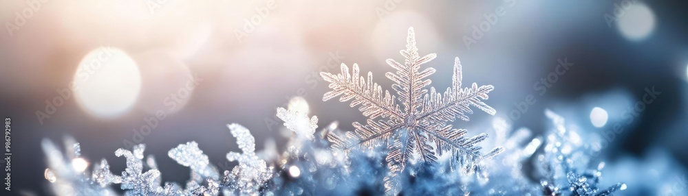 Poster a beautiful snowflake resting on shimmering blue ice, capturing the essence of winter's serenity and