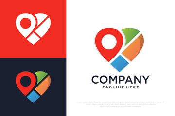 map logo design combination pin and love, travel, heart, map, holiday, bookmark. Vector illustration