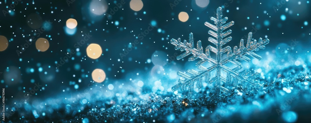 Aufkleber a beautiful snowflake resting on a sparkling blue surface, surrounded by shimmering lights, capturin