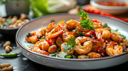 Stir-fried shrimp with cashew nuts in a white plate, in a luxurious shop.