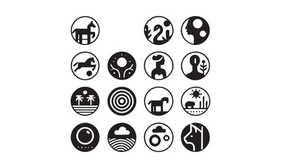 Set of Monochrome Icons: Yin Yang, Animal, and Abstract Designs vector illustration