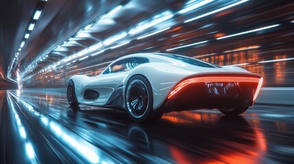 Fototapeta premium Futuristic White Sports Car in Neon-Lit Tunnel at High Speed