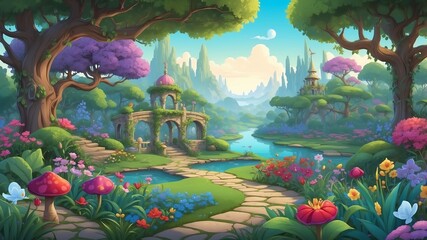 Obraz premium Scenic View of the Enchanted Garden Cartoon Background Design