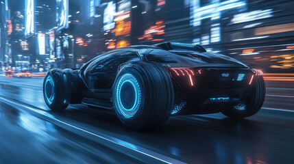 Futuristic Cyberpunk Car in Energetic Neon City at Night